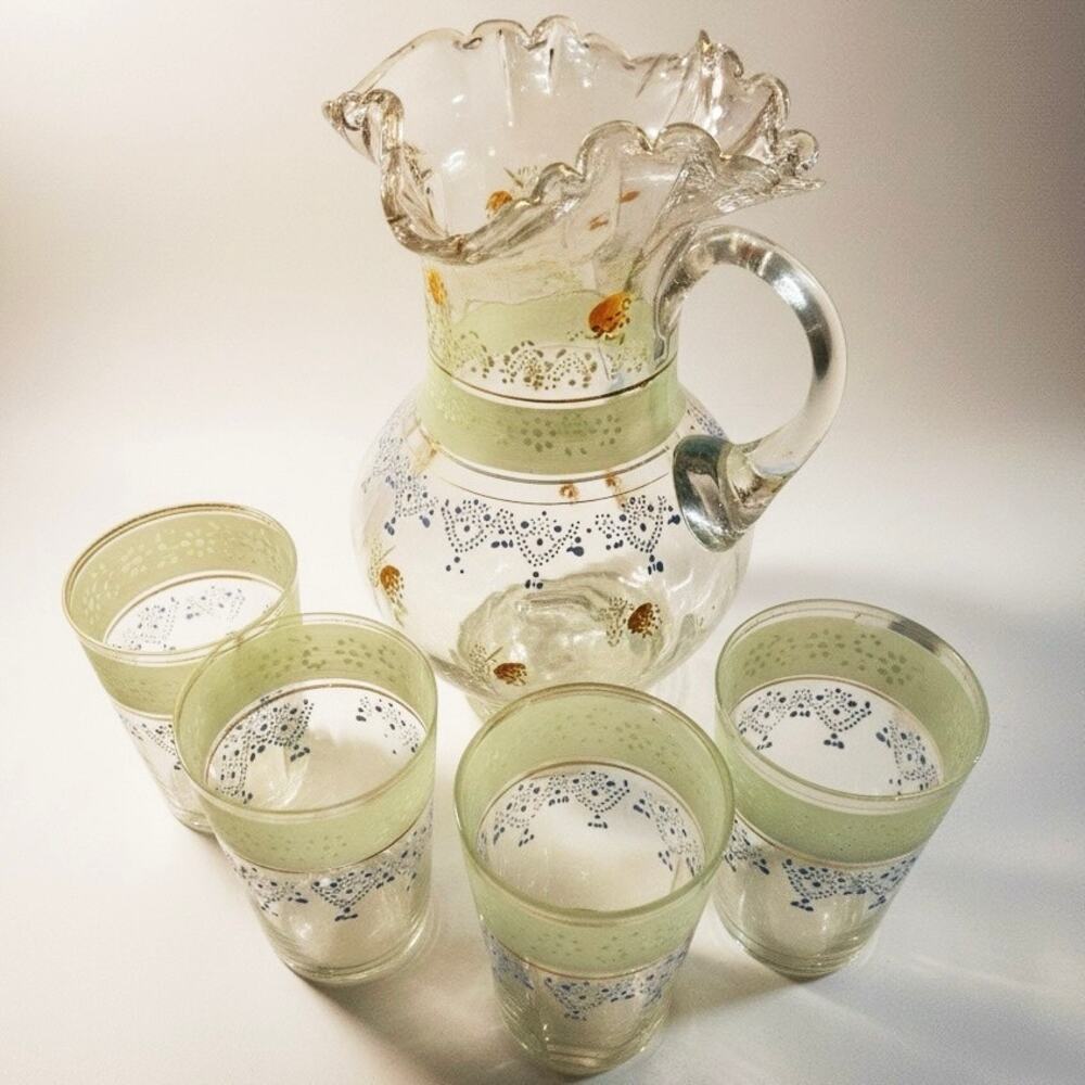 Victorian Ruffled Water Pitcher and 4 Tumblers (1 cracked) Green Blue & Orange